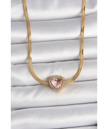 316L Çelik Gold Renk İtalyan Zincir Pembe Zirkon Taşlı Kalp Model Kadın Kolye