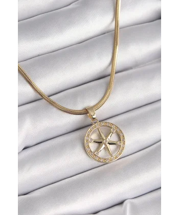 316L Çelik Gold Renk İtalyan Zincir Zirkon Taşlı Kutup Yıldız Model Kadın Kolye