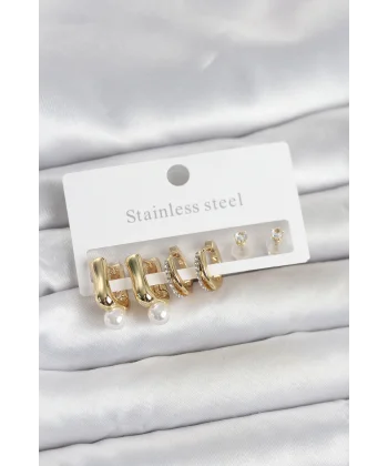 316L Çelik Gold Renk Kadın Küpe Seti