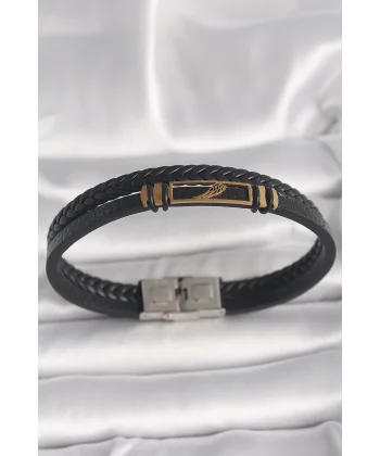 316L Çelik Gold Renk Kanat Aksesuarlı Siyah Burgu Model Deri Kordon Erkek Bileklik