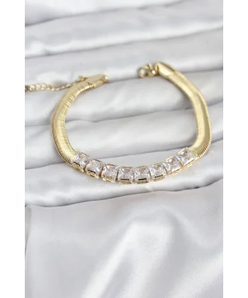 316L Çelik Gold Renk Kare Zirkon Taşlı Yılan Zincirli Kadın Bileklik