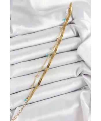 316L Çelik Gold Renk Karışık Renkli Kristal Taşlı 2li Kadın Bileklik