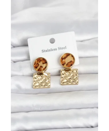 316L Çelik Gold Renk Leopar Desenli Plaka Model Kadın Küpe