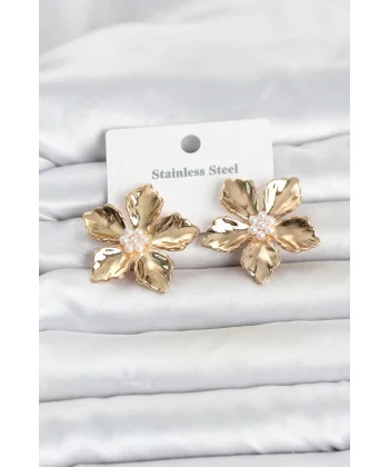 316L Çelik Gold Renk Lotus Çiçek Model Kadın Küpe