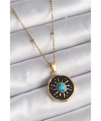 316L Çelik Gold Renk Mavi Boncuk Güneş İşleme Madalyon Model Kadın Kolye