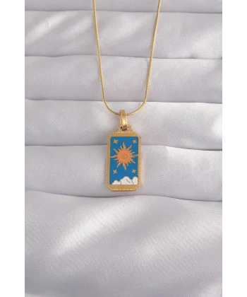 316L Çelik Gold Renk Mavi Mineli Güneş Model Tarot Kolye