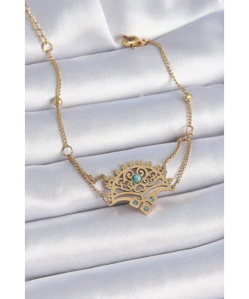 316L Çelik Gold Renk Mavi Taşlı Etnik Desen Kadın Bileklik