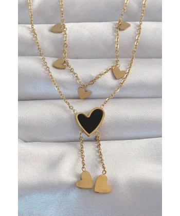 316L Çelik Gold Renk Mineli Çoklu Kalp Kolye