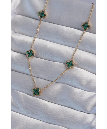 316L Çelik Gold Renk Minimal Yeşil Mineli Yonca Kolye