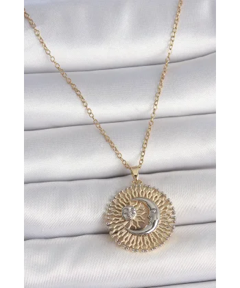 316L Çelik Gold Renk Mix Renk Ay Güneş Model Kadın Kolye