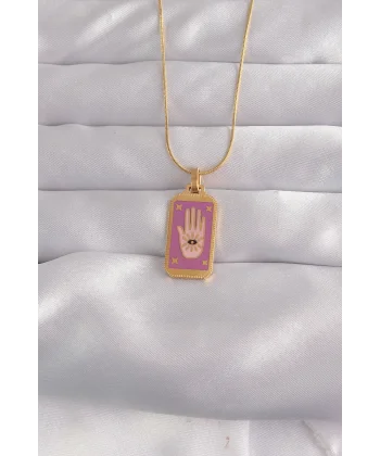 316L Çelik Gold Renk Mor Mineli El Figür Tarot Kolye