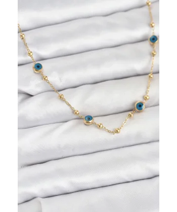 316L Çelik Gold Renk Nazarlı ve Topçuklu Model Kadın Kolye