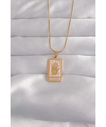 316L Çelik Gold Renk Pembe Mineli El Figür Tarot Kolye