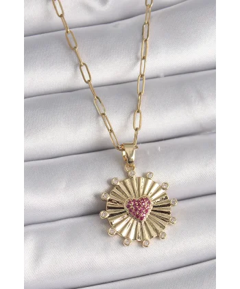 316L Çelik Gold Renk Pembe Zirkon Taşlı Kalp İşleme Madalyon Model Kadın Kolye