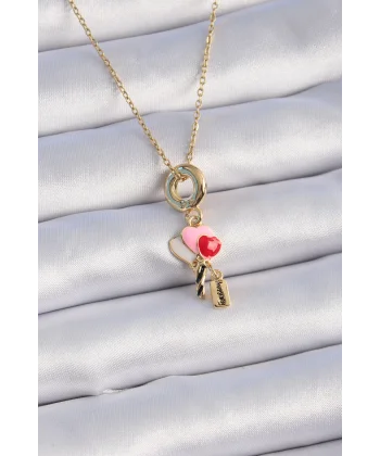 316L Çelik Gold Renk Renkli Kalp Figür Charm Model Kadın Kolye