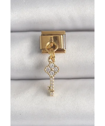 316L Çelik Gold Renk Sallantı Zirkon Taşlı Anahtar Model Nomination Charm