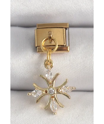 316L Çelik Gold Renk Sallantı Zirkon Taşlı Kar Tanesi Model Nomination Charm