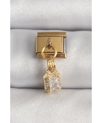 316L Çelik Gold Renk Sallantı Zirkon Taşlı Kare Model Nomination Charm
