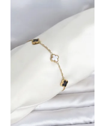 316L Çelik Gold Renk Siyah Beyaz Baby Yonca Model Kadın Bileklik