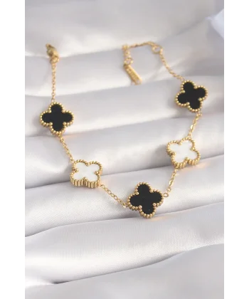 316L Çelik Gold Renk Siyah Beyaz Yonca Model Kadın Bileklik