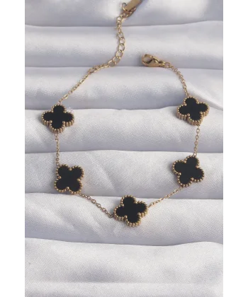 316L Çelik Gold Renk Siyah Mineli Yonca Bileklik