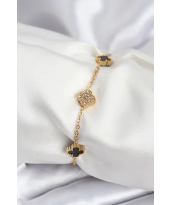 316L Çelik Gold Renk Siyah ve Zirkon Taşlı Baby Boy Yonca Kadın Bileklik