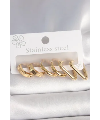 316L Çelik Gold Renk Üçgen Halka Model Kadın Küpe Seti