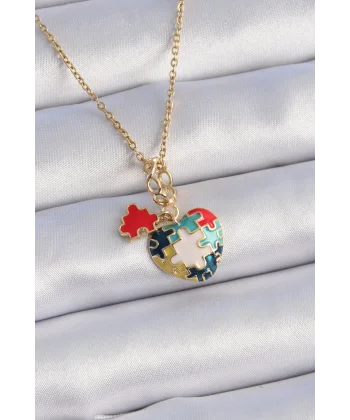 316L Çelik Gold Renk Yapboz Motif Kalp Figür Charm Model Kadın Kolye