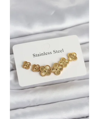 316L Çelik Gold Renk Yonca Küpe Seti