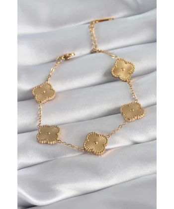 316L Çelik Gold Renk Yonca Model İşleme Detay Kadın Bileklik