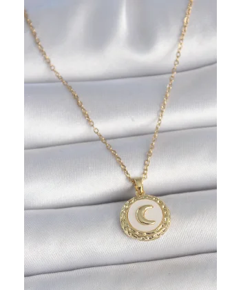 316L Çelik Gold Renk Zincir Beyaz Mineli Hilal İşlemeli Madalyon Model Kadın Kolye