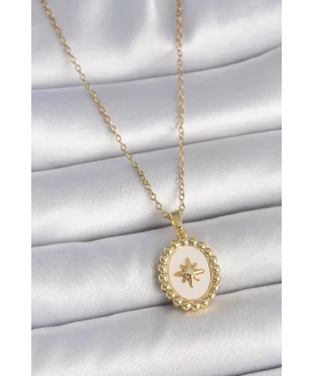 316L Çelik Gold Renk Zincir Beyaz Mineli Kutup Yıldız İşlemeli Madalyon Model Kadın Kolye