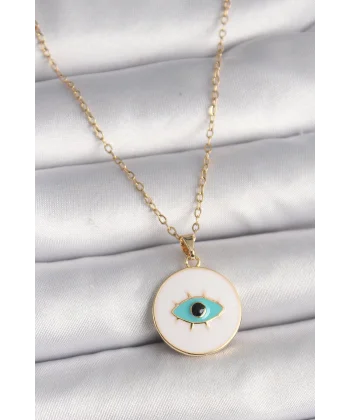 316L Çelik Gold Renk Zincir Beyaz Mineli Turkuaz Göz İşleme Model Kadın Kolye