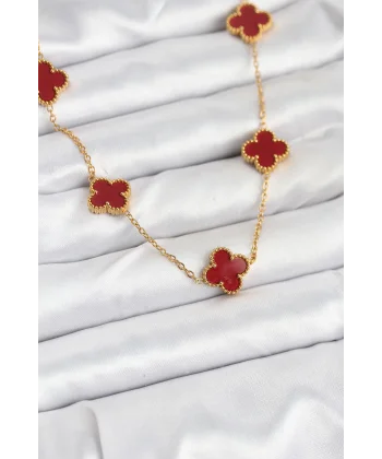 316L Çelik Gold Renk Zincir Bordo Yonca Kadın Kolye