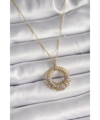 316L Çelik Gold Renk Zincir Gümüş Zirkon Taşlı Daire Model Kadın Kolye