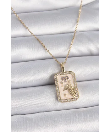 316L Çelik Gold Renk Zincir Koç Burcu Zirkon Taşlı Kadın Kolye