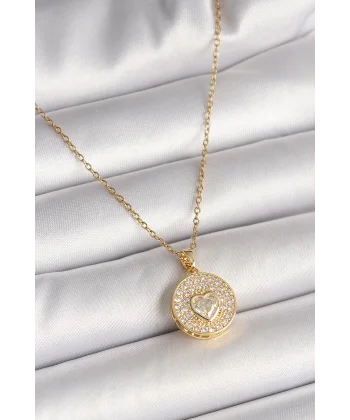 316L Çelik Gold Renk Zincir Madalyon Zirkon Taşlı Kalp Model Kadın Kolye