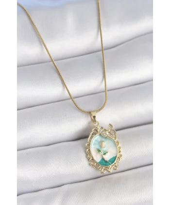 316L Çelik Gold Renk Zincir Mavi Mineli Çiçek İşlemeli Zirkon Taş Detaylı Portre Model Kadın Kolye