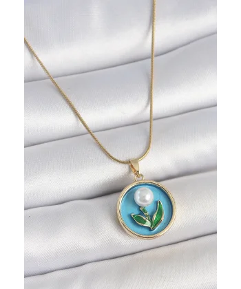 316L Çelik Gold Renk Zincir Mavi Mineli İncili Çiçek İşlemeli Portre Model Kadın Kolye