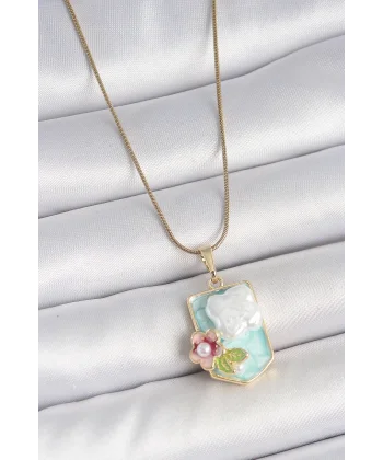 316L Çelik Gold Renk Zincir Mavi Mineli İncili Çiçek İşlemeli Portre Model Kadın Kolye