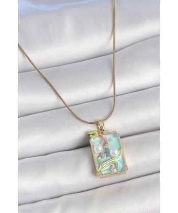 316L Çelik Gold Renk Zincir Mavi Mineli İncili Çiçek İşlemeli Portre Model Kadın Kolye