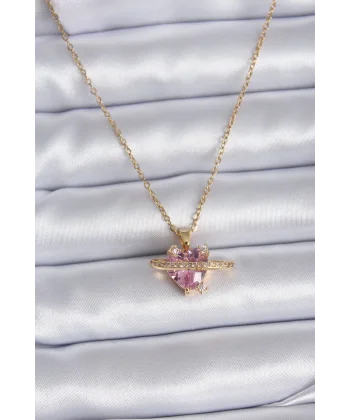 316L Çelik Gold Renk Zincir Pembe Kristal Kalp Model Zirkon Taş Detay Kadın Kolye