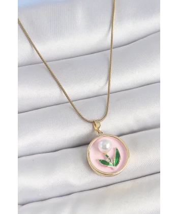 316L Çelik Gold Renk Zincir Pembe Mineli İncili Çiçek İşlemeli Portre Model Kadın Kolye