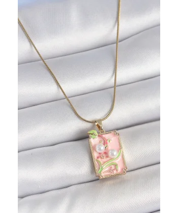 316L Çelik Gold Renk Zincir Pembe Mineli İncli Çiçek İşlemeli Portre Model Kadın Kolye
