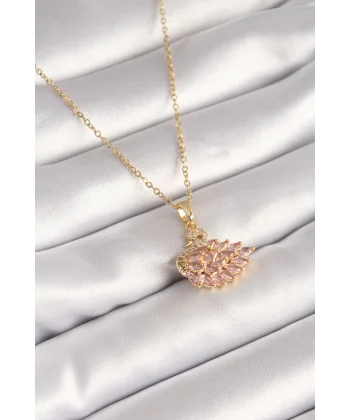 316L Çelik Gold Renk Zincir Pembe Zirkon Taşlı Kuğu Model Kadın Kolye