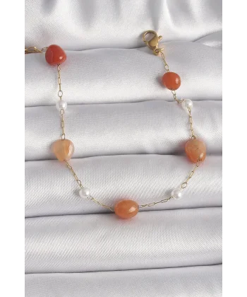 316L Çelik Gold Renk Zincir Turuncu Doğaltaş Model İnci Detay Kadın Bileklik