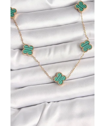 316L Çelik Gold Renk Zincir Yeşil Yonca Model Kadın Kolye