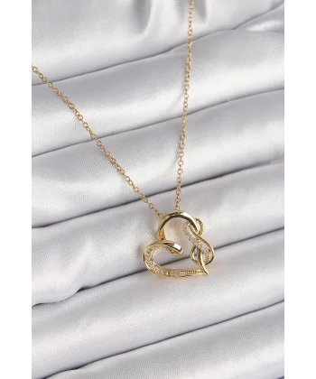 316L Çelik Gold Renk Zincir Zirkon Taş Detaylı Kalp Model Sonsuzluk Detay Kadın Kolye