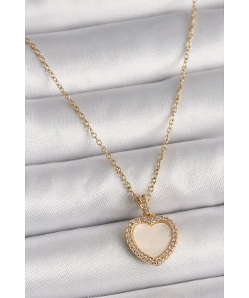 316L Çelik Gold Renk Zincir Zirkon Taşlı Beyaz Mineli Kalp Model Kadın Kolye