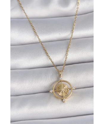 316L Çelik Gold Renk Zincir Zirkon Taşlı Pusula Model Kadın Kolye